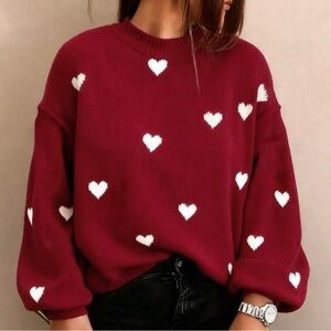 Heart Patterned Red and White Sweater